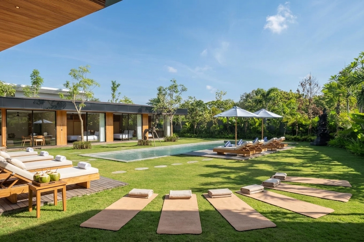 Sunlit lawn beside the pool with yoga mats laid in an arc and cushioned loungers under umbrellas