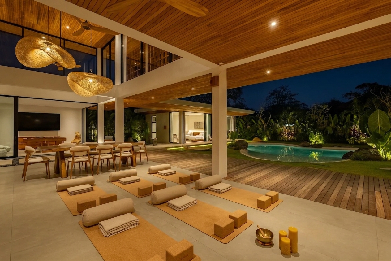 Open-air pavilion at night with yoga mats and bolsters beside a long timber dining table