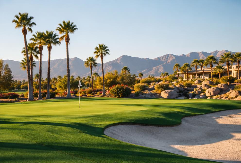 Manicured desert golf green with palm trees in warm afternoon light