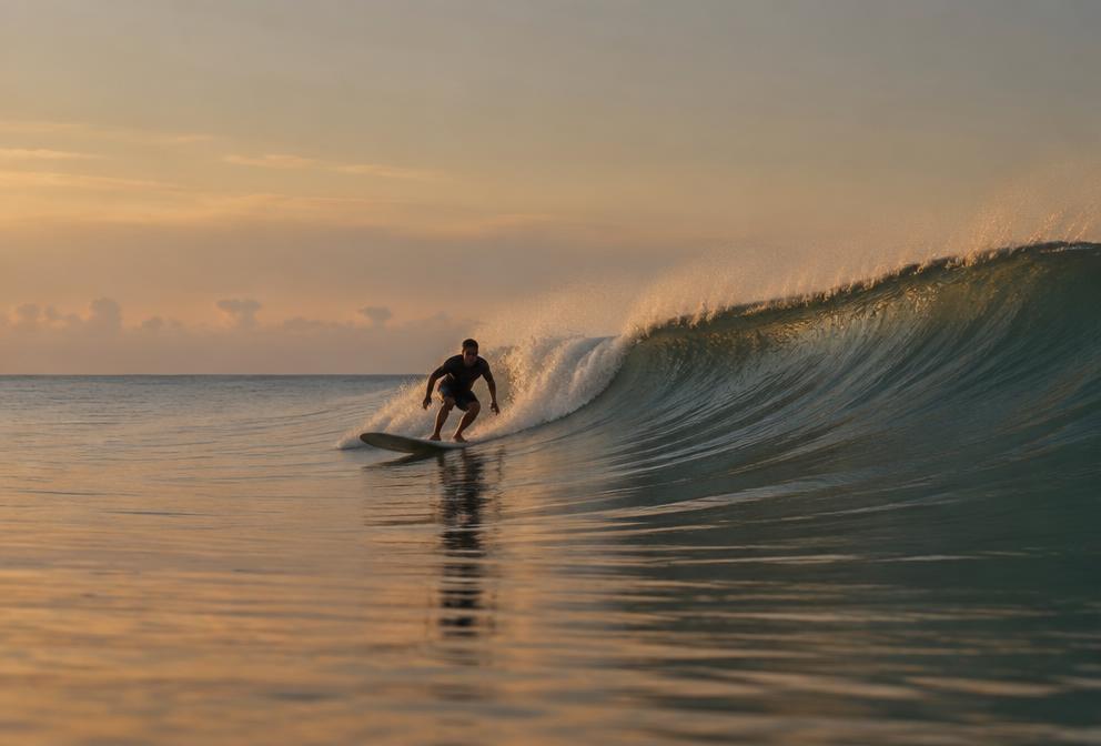 Surfer riding a long glassy wave at dawn